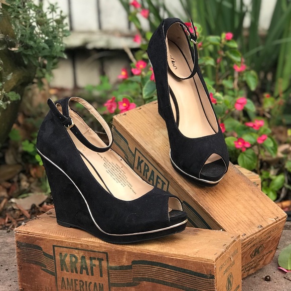 Mossimo Supply Co. Shoes - Mossimo Supply Co. Black Suede Wedge Gold Trim